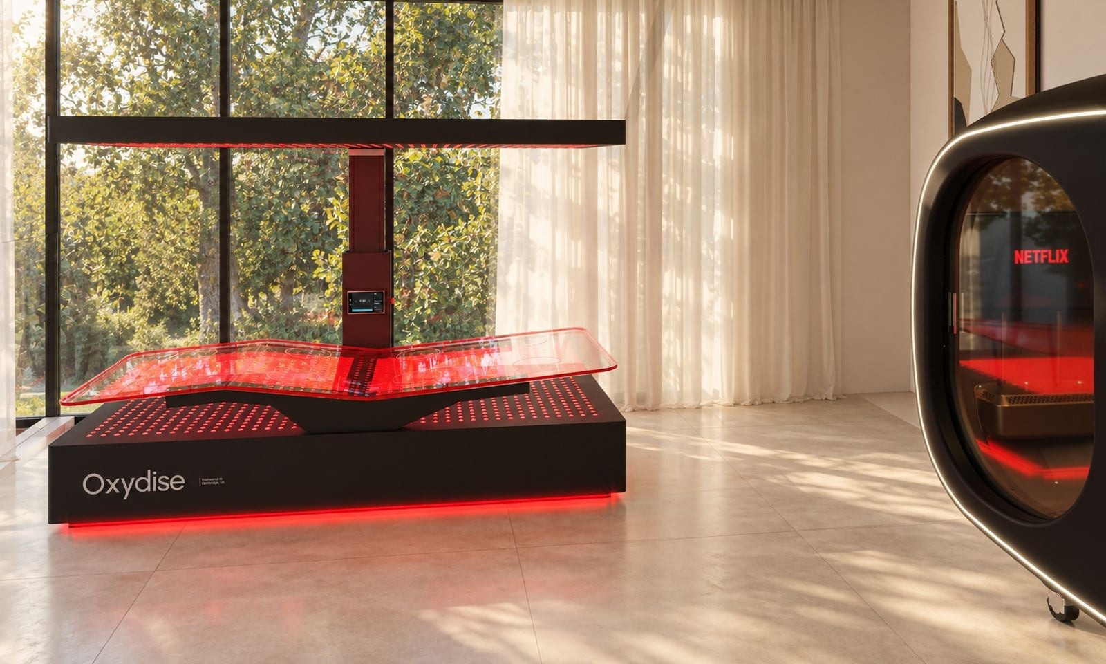 Oxydise Red Light Therapy bed with PEMF in a home wellness space