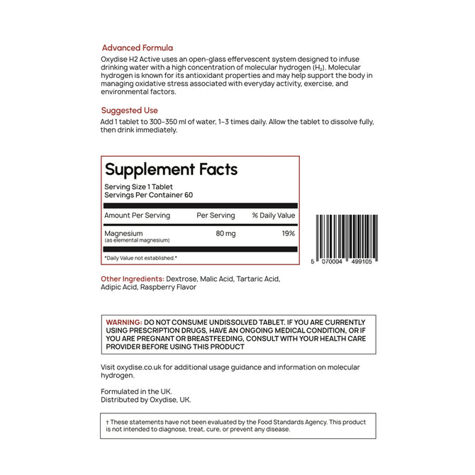 Oxydise H2 Active Molecular Hydrogen Tablets (Raspberry)