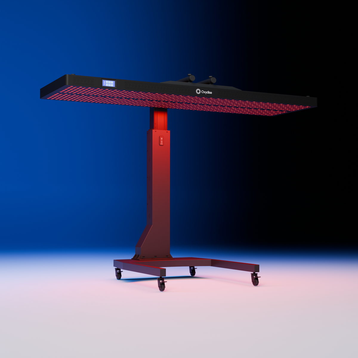 Oxydise Red Light Therapy panel mounted on its wheeled stand in the blue studio