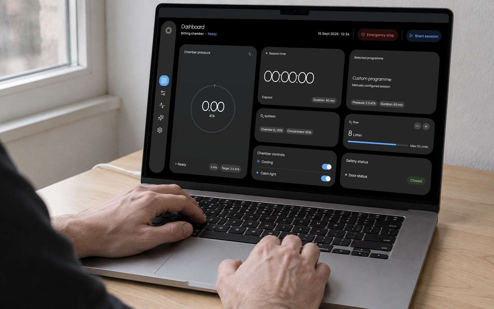 Illustrative MacBook workspace showing the actual Oxydise OS chamber control dashboard
