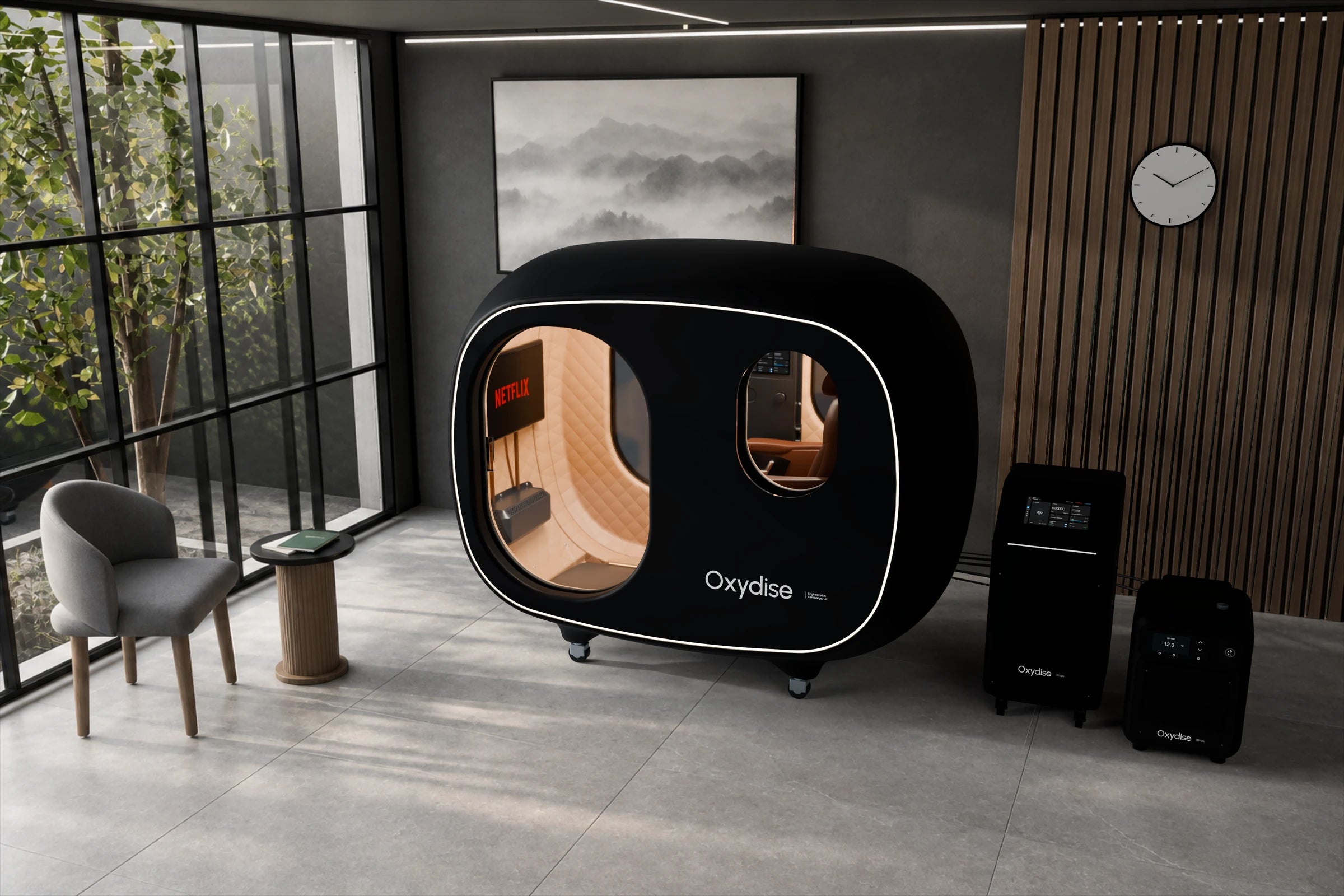 Seated Hardshell Chamber - 1.1 to 2.0 ATA (Pre-orders open) in an illustrative room