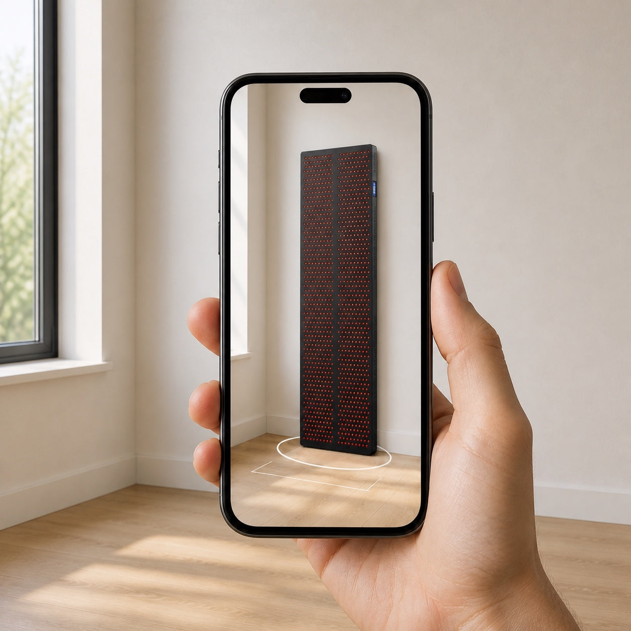 Illustration of a smartphone showing an Oxydise Red Light panel in AR, with an empty room behind it